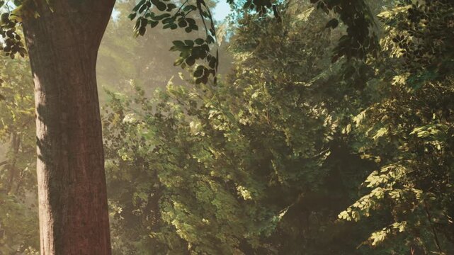 Morning light shines through tall trees in a green forest. The leaves display different shades of green. The scene captures nature&rsquo;s beauty and stillness.