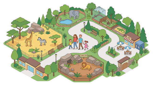 A cartoon illustration shows a family walking along a winding path through a colorful zoo featuring various animal enclosures.