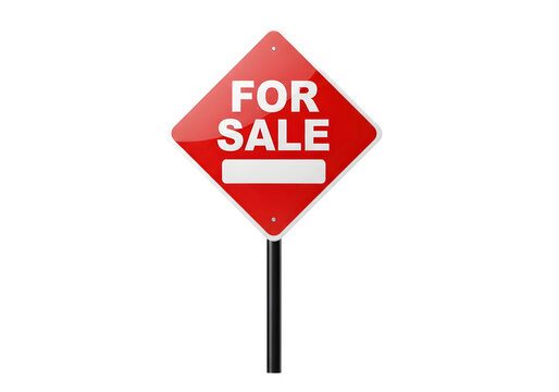 Red for sale sign with white text on pole