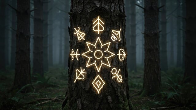 Glowing geometric runes carved on a dark pine tree trunk in a misty forest