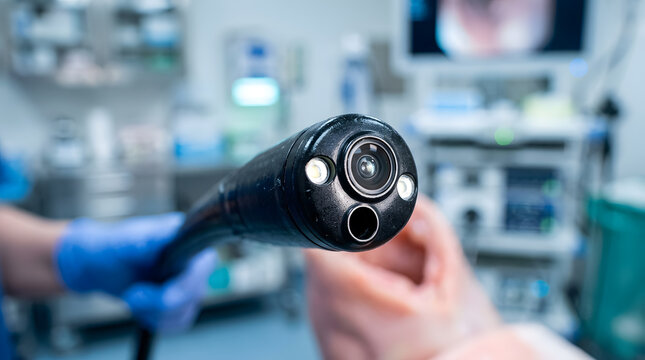 Close-up of a modern flexible video endoscope probe with LED lights and camera lens held by a doctor in blue gloves during a gastroscopy or colonoscopy procedure in a hospital clinic or surgery.