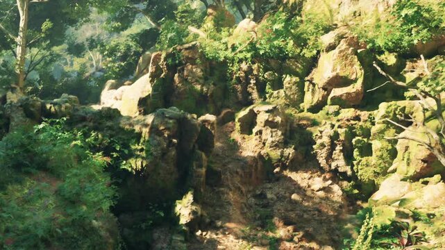 Large rocks with green moss in a forest. Sunlight filters through the trees. The ground is uneven and covered with plants and bushes.