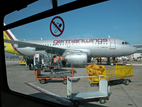 Low cost company Germanwings Airbus A319 passenger plane on the runways of Lisbon Humberto Delgado International Airport. Lisbon is the capital of Portugal, southern Europe.