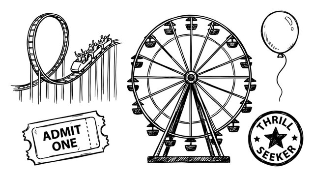 Vintage amusement park vector set, hand drawn roller coaster and ferris wheel icons, retro carnival fair elements, thrill seeker stamp