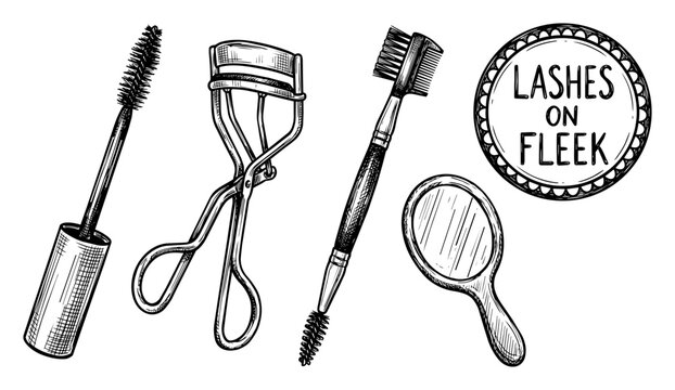 Vintage hand drawn eyelash makeup set, mascara and lash curler vector icons, beauty salon tools with lashes on fleek quote