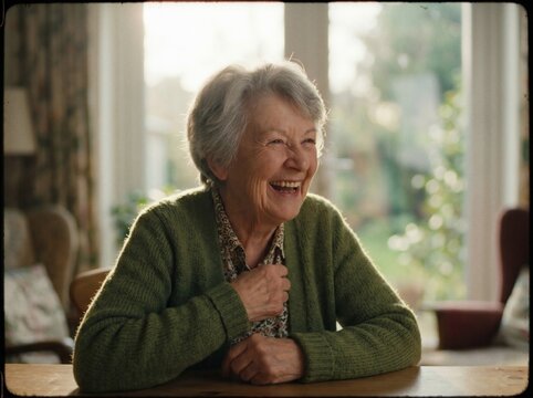Joyful Senior Woman Laughing Heartily at a Table in Natural Daylight Conveying Warmth and Happiness