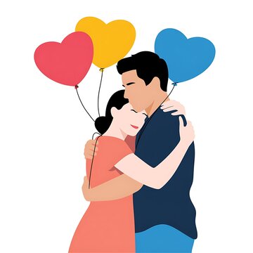 Couple in love hugging each other with colorful heart shaped balloons, flat vector illustration