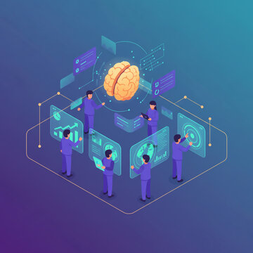 Isometric artificial intelligence and neural research team analyzing human brain data on digital screens in futuristic studio setting