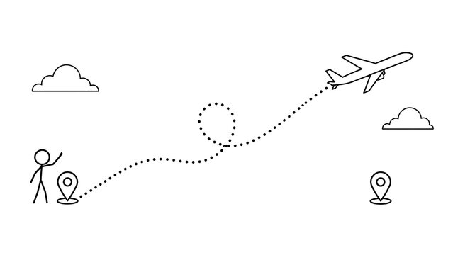 simple stick-figure illustration depicts with airplane route with dotted flight path