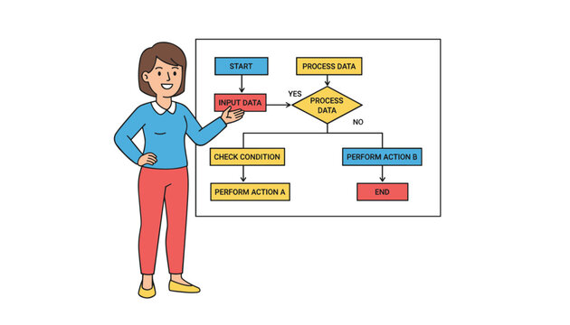Female teacher explains a process flowchart on a whiteboard, detailing steps from "Start" to "End" with data input and conditions.