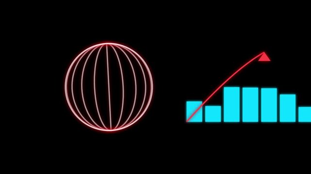 Neon financial growth chart and rotating wireframe sphere animation on black background, business statistics