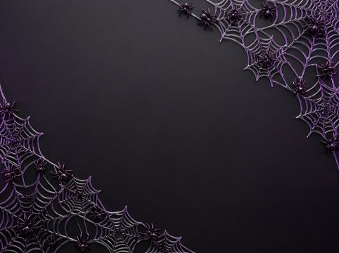 Top view of a dark halloween background featuring decorative purple spider webs on a black textured surface