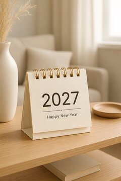 Small desk calendar showing the year 2027 with happy new year text standing on a wooden table in a cozy home office setting during the daytime with soft natural lighting and decor,