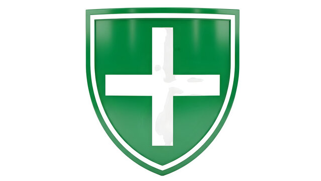 Green shield with white cross medical symbol