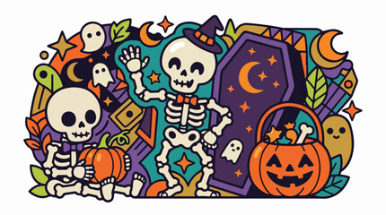 Fototapeta premium Colorful Halloween Skeleton and Pumpkin Illustration