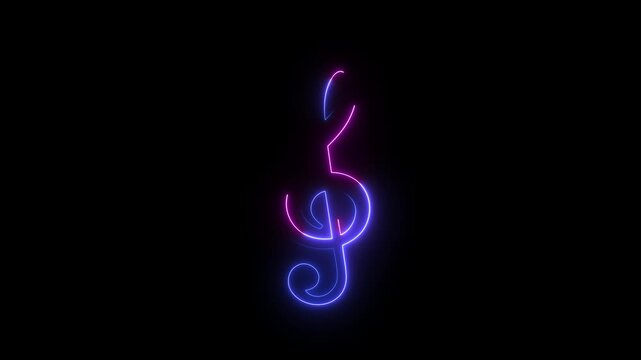 Glowing neon treble clef musical symbols with pink and blue light effects on black background