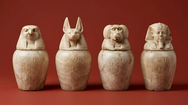 
Four Ancient Egyptian Alabaster Canopic Jars with Sons of Horus Lids on Red Background
