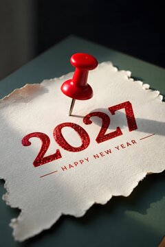 Red push pin stuck in a piece of paper with the text 2027 happy new year written on it representing a reminder or an important date for the upcoming holiday celebration event