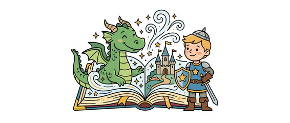 Fototapeta premium Children's fantasy storybook with dragon, knight, and castle illustration