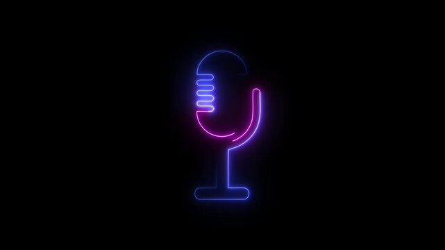Neon glowing retro microphone icons on dark background for podcasting, broadcasting, radio, and streaming concept