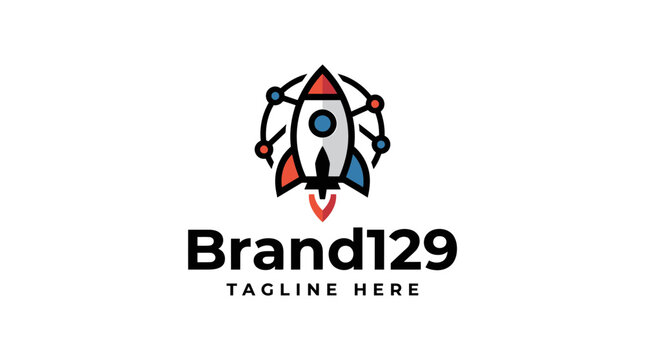 Creative rocket launch logo design concept with digital network connections.