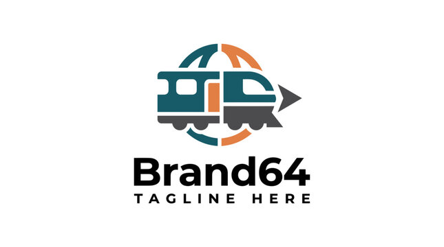 Creative train logo design with globe and arrow elements for transportation branding.