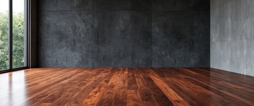Polished wood floor and dark textured walls in a bright, empty room