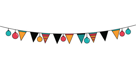 Fototapeta premium Hanging festive party garland with colorful triangular bunting flags and circular baubles, vector art.