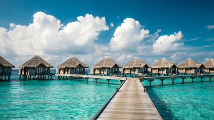 Fototapeta premium Tropical Overwater Bungalows on a Wooden Pier in Turquoise Ocean Water
