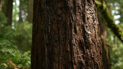 Obraz premium Macro shot of damp, textured bark on a massive evergreen tree in a forest