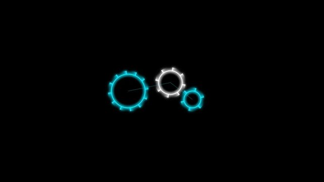 Neon glowing gear mechanism rotating on black background, digital engineering concept gears cogs mechanical