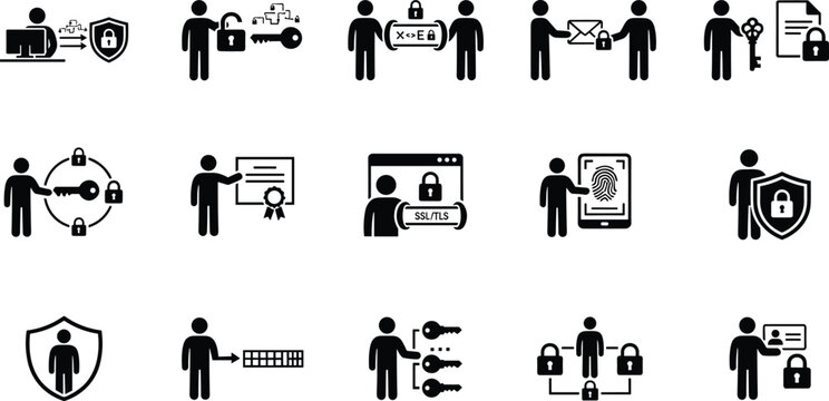 Professional data encryption, cybersecurity, SSL certificate, and digital protection black outline icon set