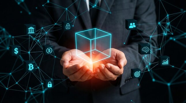 Business person holding glowing cube wireframe surrounded by data nodes and digital security icons