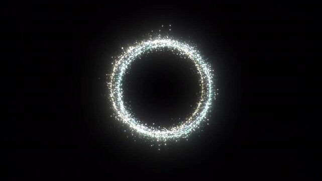 Glowing particle circle frame with silver and gold sparkles on transparent background.
