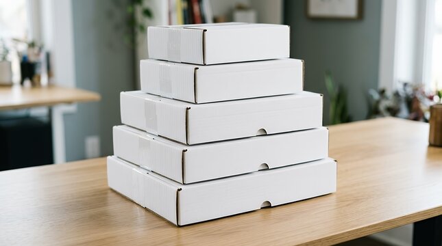 Stack of Clean Blank White Shipping Cardboard Boxes Placed on Tabletop Background cardboard box boxes white box stack table tablecloth patterned package packaging storage blank clean shipping
