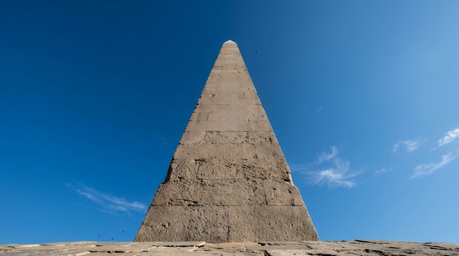 Extreme Low Angle Perspective of Towering Stone Obelisk Monument Against Deep Blue Sky stone obelisk extreme low angle historical monument masonry architecture limestone tower landmark structure