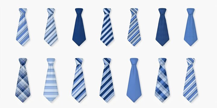 Set of blue neckties with various patterns isolated on white background