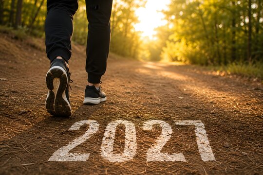 Person walking forward on a path with the year 2021 written on the ground in a sunny forest with golden light during a beautiful autumn day for a new year resolution concept
