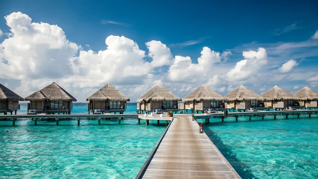 Tropical Overwater Bungalows Above Turquoise Ocean Waters on a Sunny Day