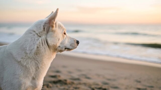 kishu dog close up at the beach at morning light in wakayama japan video