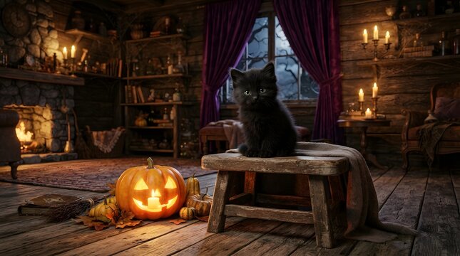 Cute Black Cat in Glowing Halloween Pumpkin Patch