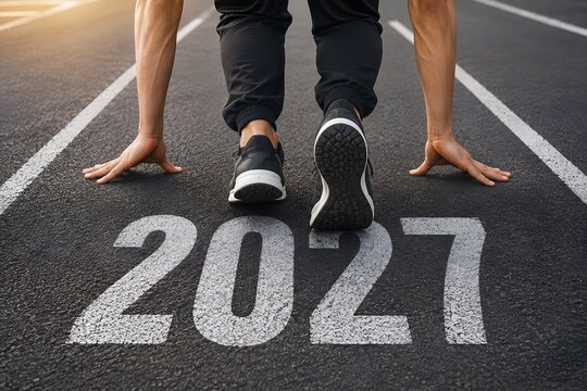 A person in a starting position on a running track with the year 2027 painted on the ground representing a new beginning and goals for the upcoming future in sports and fitness
