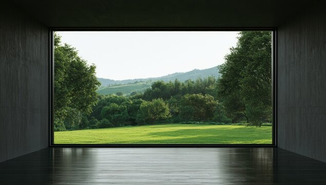 A large window frames a vibrant green landscape, bathed in sunlight