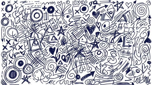 A chaotic and whimsical doodle composition featuring arrows hearts stars and various abstract shapes in a free flowing hand drawn style