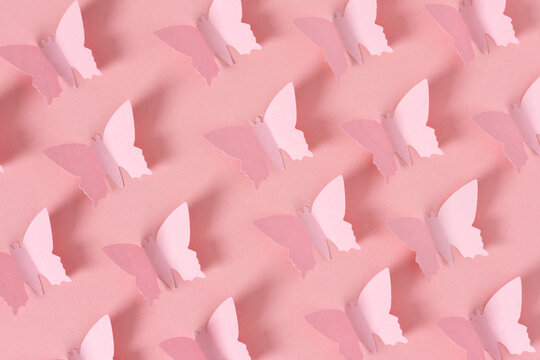 pink abstract background of minimalist paper butterflies pattern