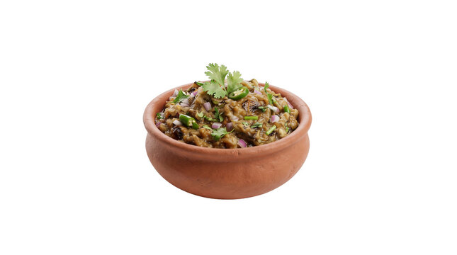 Traditional Bengali begun bhorta mashed eggplant in a clay bowl isolated on transparent background