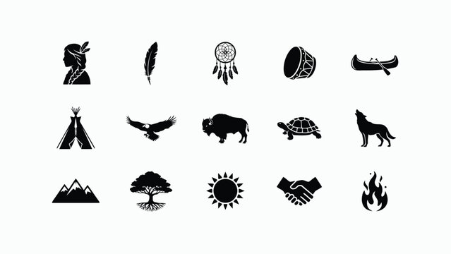 Black and white icons representing traditional cultural symbols and nature elements in minimalist style with dreamcatcher handshake alongside
