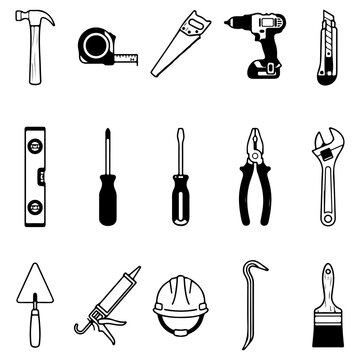 Set of Outline Construction, Carpentry, Building, and Hand Tools Icons

