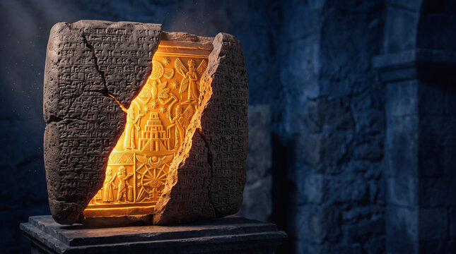 Ancient Mesopotamian clay tablet with cuneiform script and glowing ancient symbols