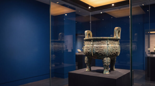 Ancient bronze vessel displayed in glass case inside museum gallery with blue wall